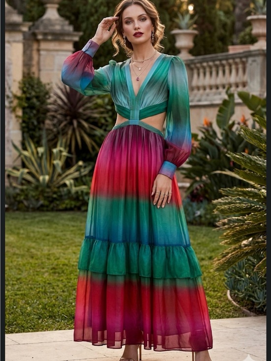 Lilly's Kloset Dresses & Skirts - Lillys Kloset Ombre Cutout Maxi Dress Green Red Tiered Bishop Sleeve Womens‎ M